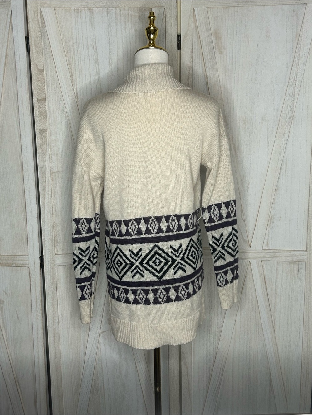 Pink Republic Ivory Open-Front Faire Isle Cardigan Geometric Trim Sz M Boho Cozy - Picture 4 of 9